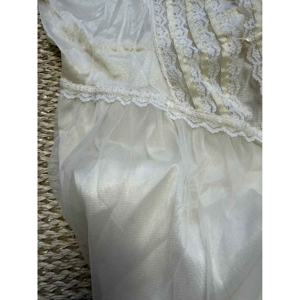 Vintage Cream Lace Trim Nightgown Sheer Maxi slip Pearl Detail romantic Wedding - Picture 13 of 16